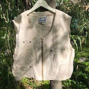 Vintage zip up beige linen cargo vest L
